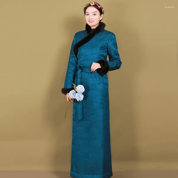 Roupas étnicas Tradicional Asiático Vestido de Inverno Oriental para Mulheres Long Tibet Estilo Senhoras Robe Elegante Traje