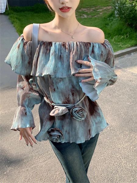 Camicette da donna PLAMTEE Blu Retro Daily Tie-Dying Ruffles Autunno Chic Allentato 2023 Slash Neck Slim Office Lady Manica intera