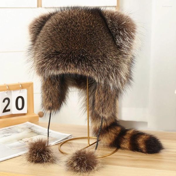 Berretti Cappelli per donna Vera pelliccia Bambini Berretto di procione Fluffy Winter Men Fashion Selling 2023