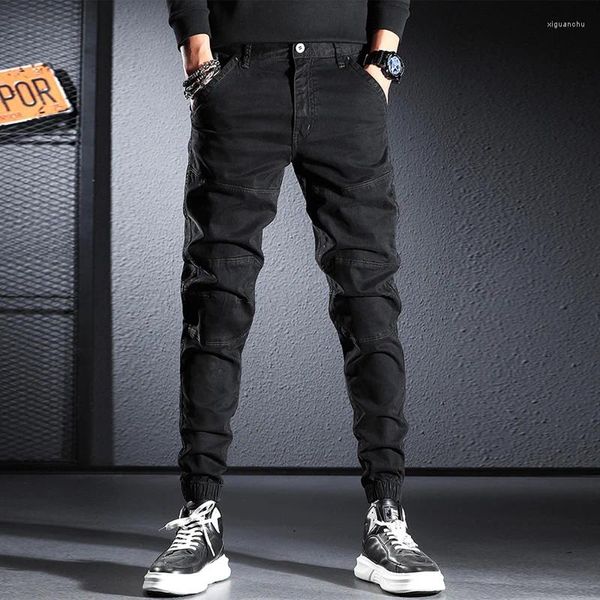 Jeans masculinos streetwear moda homens preto cor multi bolsos casuais calças de carga hombre emendado designer hip hop corredores macacões