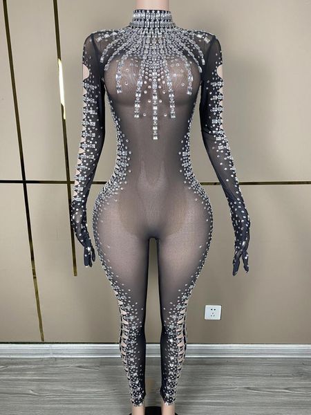 Sahne Giyim Işıltılı Gümüş Rhinestones Şeffaf Streç Sulma Seksi Siyah Mesh Eldivenleri Kutlama Doğum Günü Prom Kıyafet