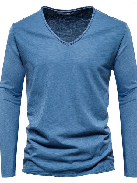 Camiseta masculina de algodão básico, camiseta com decote em v, design de moda, slim fit, camisetas masculinas, tops, camisa de manga comprida para homens, blusas