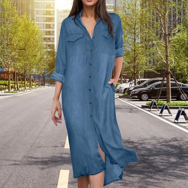 Lässige Kleider Damen Denim Kleid Einfarbig geknöpfte Tasche Hemdkragen Maxi Frühling Herbst 2023 Einreiher Robe