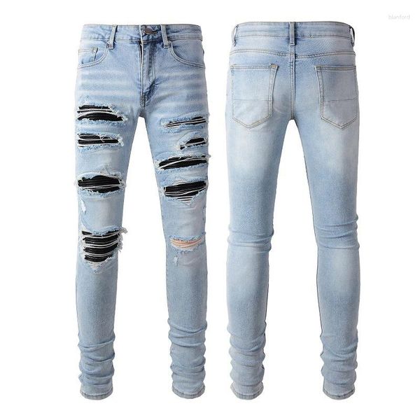 Мужские джинсы, мужские рваные узкие байкерские брюки с рваными заплатками, облегающие джинсовые брюки высокого качества в стиле хип-хоп, синие нищие