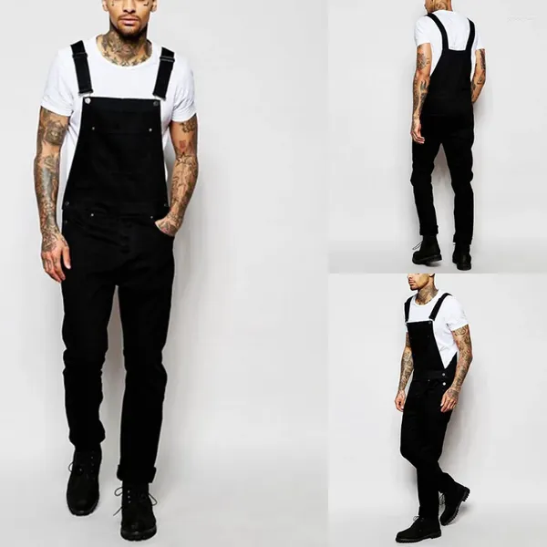 Jeans masculinos homens bolso geral macacão moda tornozelo comprimento angustiado denim bib macacão para suspender streetwear