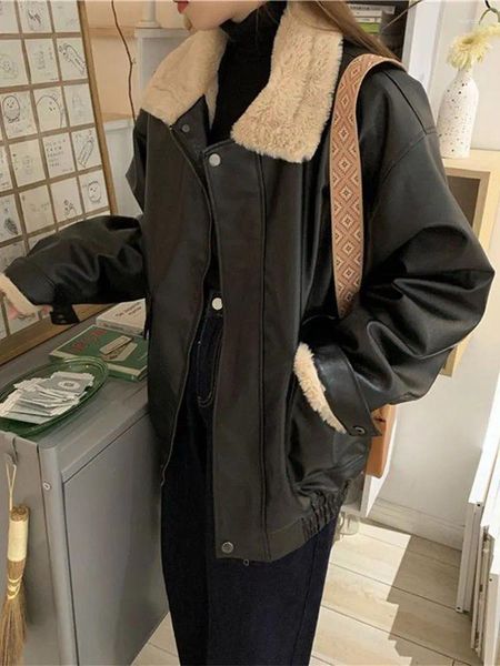 Giacca da donna in pelle invernale con cerniera finta, tasche con pelliccia vintage, addensare cappotti allentati in PU 2023, capispalla calda casual femminile