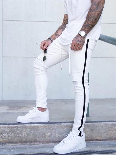 Herren Jeans Tejanos Blancos Hombre Loch Herren Weiß Slim Fit Seitenstreifen Biker Skinny Men Spijkerbroeken Heren Denim