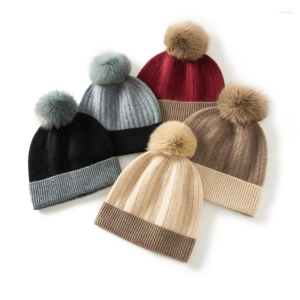 Berets Classic Cashmere Hat Cabra Ecológica Outono e Inverno Quente Mulheres Malha Pom Acessórios Moda Casual