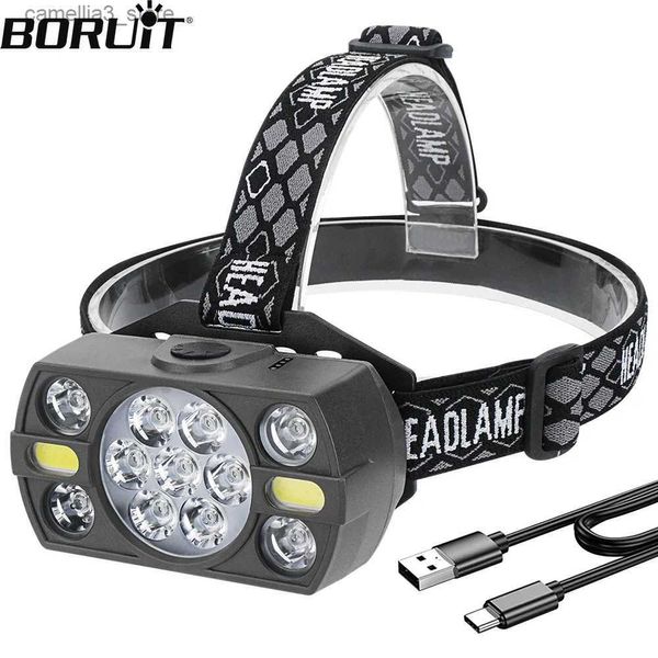 Kopflampen BORUiT BR13 LED-Stirnlampe USB wiederaufladbare Arbeitsleuchte mit eingebautem 18650-Akku 2000 mA Angeln Camping Laterne Notfallgebrauch Q231013