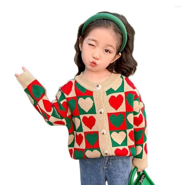 Jaquetas meninas camisola de malha coração padrão menina casacos crianças estilo casual outerwear para crianças roupas da criança