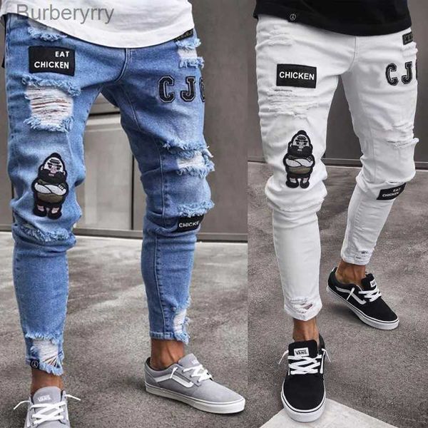 Jeans masculinos homens elástico rasgado skinny motociclista bordado desenhos animados impressão jeans destruído buraco slim fit denim de alta qualidade hip hop jeans pretol23101