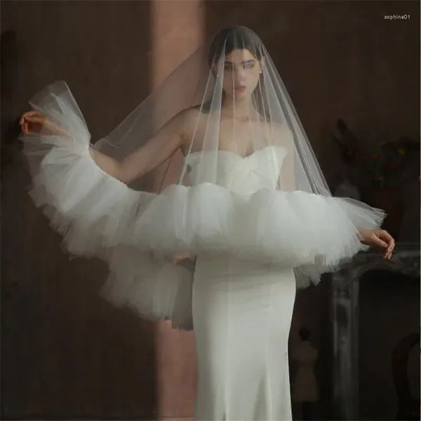 Veli da sposa Accessori da sposa di lusso 2023 Strati Volant Bianco Romantico Pennello Velo Coprire Viso Sposa Cattedrale Goccia