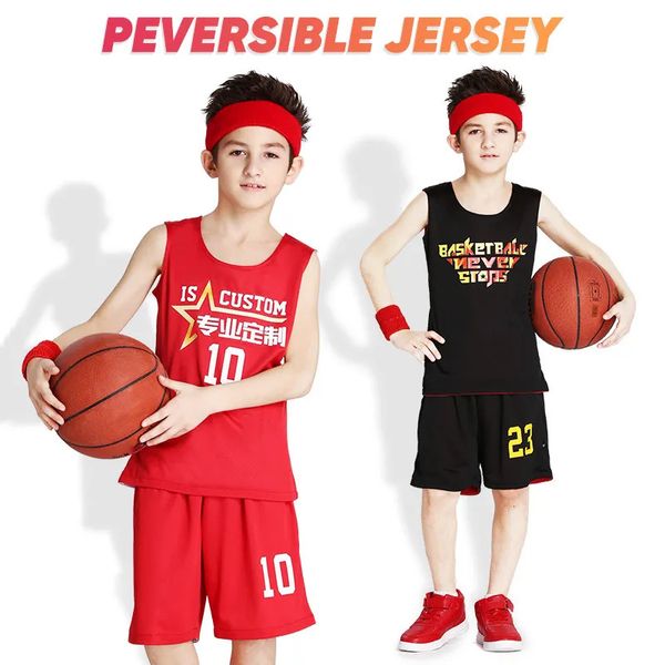 Ao ar livre camisetas meninos personalizados reversível basquete jersey conjunto chirdren duplo lado uniforme de basquete verão camisa de basquete respirável para crianças 231012