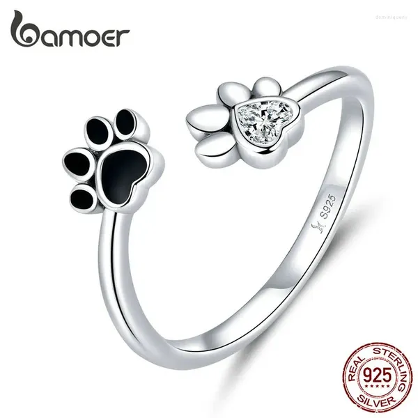 Cluster-Ringe BAMOER Sterling Silber 925 Schwarzer Emaille-Hund Offener verstellbarer Finger für Frauen Anti-Allergie-Schmuckzubehör SCR605