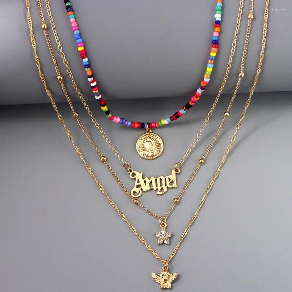 Collane con ciondolo Collana Boho con perline di riso acrilico a strati per le donne Gioielli con fiori con strass, lettere tonde, con lettere di angelo