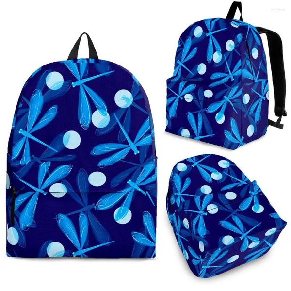 Mochila YIKELUO Trendy 3D Boho Libélula Azul Escuro Com Zíper Estudante Universitário Laptop Bag Insect Print Textbook Presente