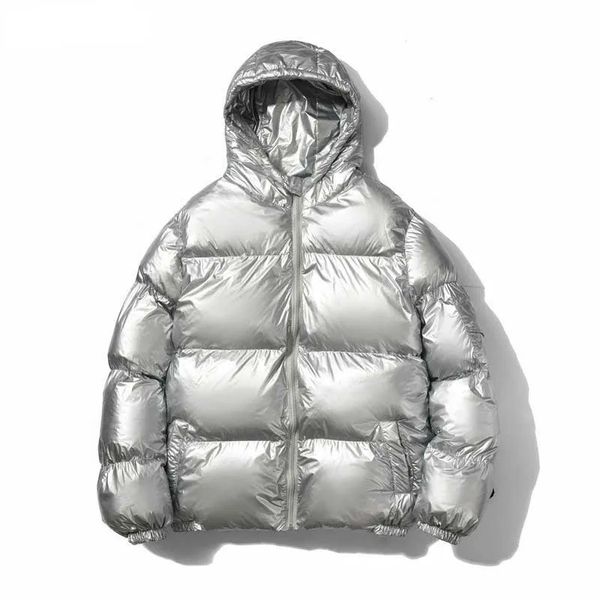 Мужские пуховые парки с блестящим серебряным покрытием и металлизированной уличной зимней курткой с капюшоном, весеннее пальто в стиле Харадзюку, утепленная верхняя одежда 231011