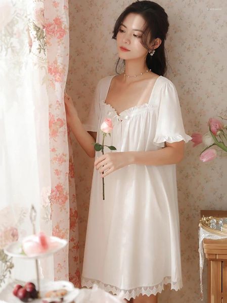 Mulheres Sleepwear Mulheres Algodão Verão Manga Curta Ruffles Lace-up Nighty Princesa Lace Sexy Nightdress Victorian Nightgowns Pijamas