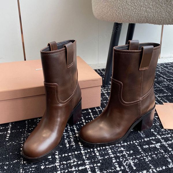 Stivaletti grossi in pelle marrone moda retrò di alta qualità Tacchi gattino da donna stivaletti moda med Stivali firmati di lusso scarpe da donna Calzature di fabbrica