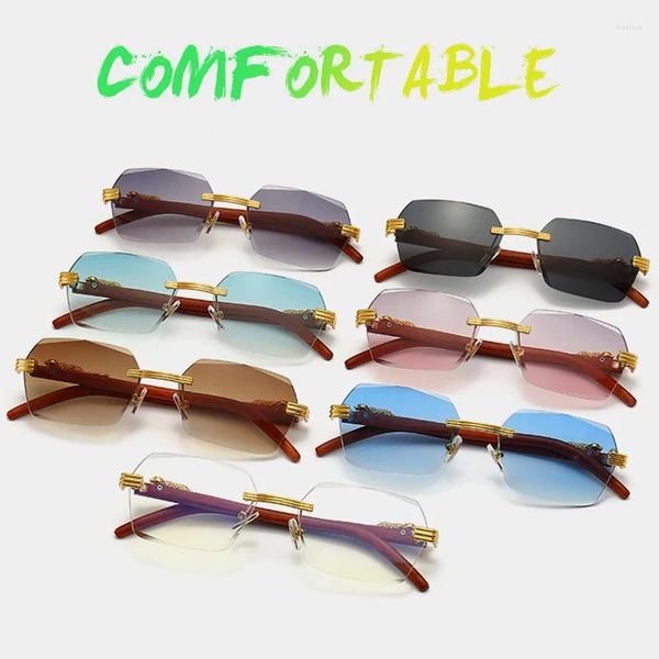 Солнцезащитные очки Роскошные прямоугольные без оправы для женщин, модные брендовые дизайнерские очки с леопардовым оттенком, мужские очки в деревянной оправе UV400
