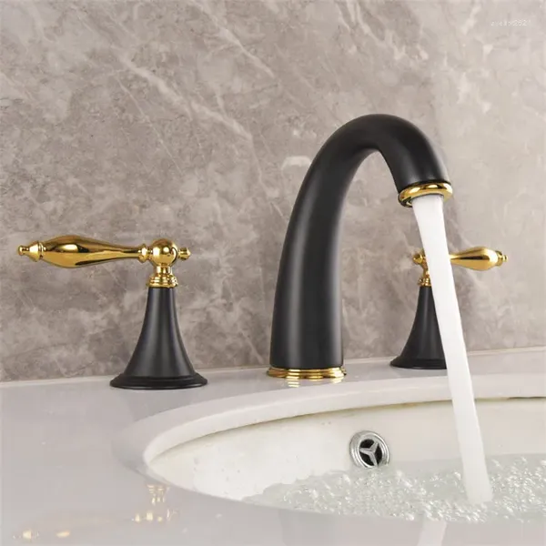 Rubinetti per lavandino del bagno Rubinetto in ottone oro nero Rubinetto per lavabo a tre fori con due maniglie per acqua fredda Design di buona qualità