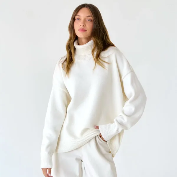 Женские свитера с высоким воротником, осенне-зимний свободный свитер, классический однотонный пуловер