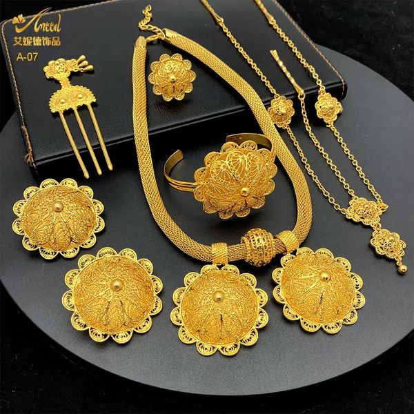 Hochzeit Schmuck Sets ANIID Äthiopischen Gold Überzogene 6 stücke Für Frauen Dubai Blume Form Nigerianischen Luxus Halskette Schmuck Set Geschenke 231012