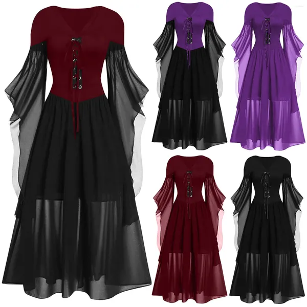 Sıradan Elbiseler Cadılar Bayramı Cosplay Kostüm Gotik Vintage Elbise Yarasa Uzun Kollu Dantel Yukarı Ortaçağ Hayalet Gelin Vampir Giyim Vestidos