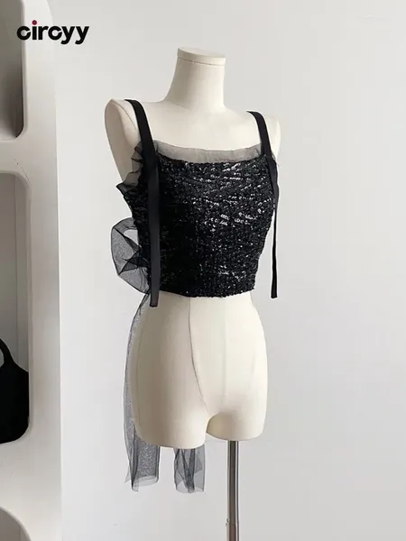 Damen Tanks Circyy Tank Top Frauen Schwarz Pailletten Gespleißtes Mesh Crop Tops Schnürschleife Glänzende Camis Rückenfrei Süßer Sommer 2023 High Street Y2k