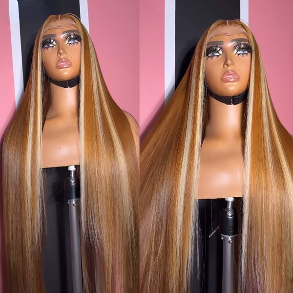 Длинный бразильский прямой парик блондинки с бликами 180 Плотность каштановых человеческих волос Фронтальный парик 360 Прозрачный парик фронта шнурка с волосами младенца для женщин