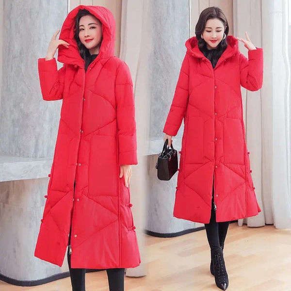 Trench da donna Piumino lungo retrò imbottito Calore invernale Cappotto in cotone sciolto moda coreana sopra il ginocchio