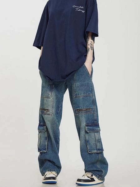 Calças de brim femininas bolsos azuis carga cintura baixa calças largas perna solta reta senhoras calças harajuku elegante coreano streetwear