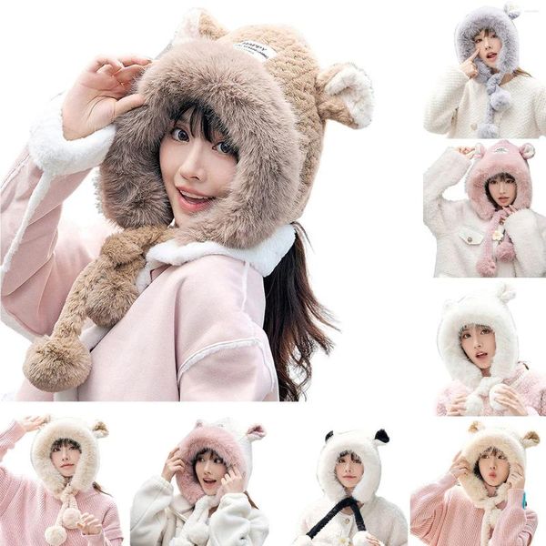 Berretti da donna cappuccio in pelliccia sintetica cappello animale paraorecchie carino soffice peluche caldo imitazione cappelli berretto con sciarpa berretti bomber da sci