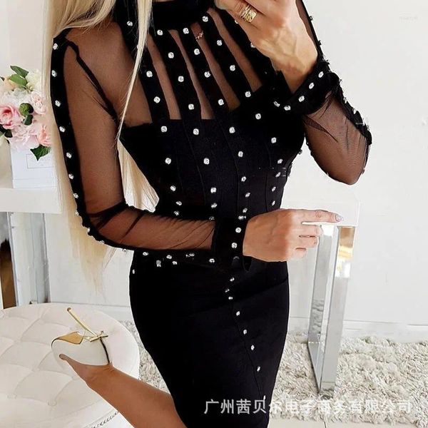 Lässige Kleider Sommer Sexy für Frauen Rundhalsausschnitt, figurbetont, Netzärmel, Slim Fit, mittlere Länge, Mantel, Schwarz, Strass, 2023