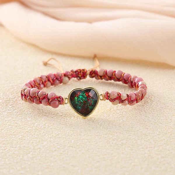 Strang Grün Rot Herz Opal Gewebte Armbänder Armreifen Natursteine Perlen Geflochten Balance Damen Geschenke Schmuck