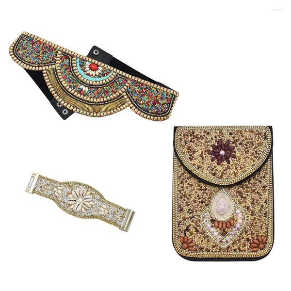 Collana orecchini set trend etnico tibetano cinturino braccialetto borsa a tracolla perline colorate bohémien braccialetti cintura elastica corpo in pelle