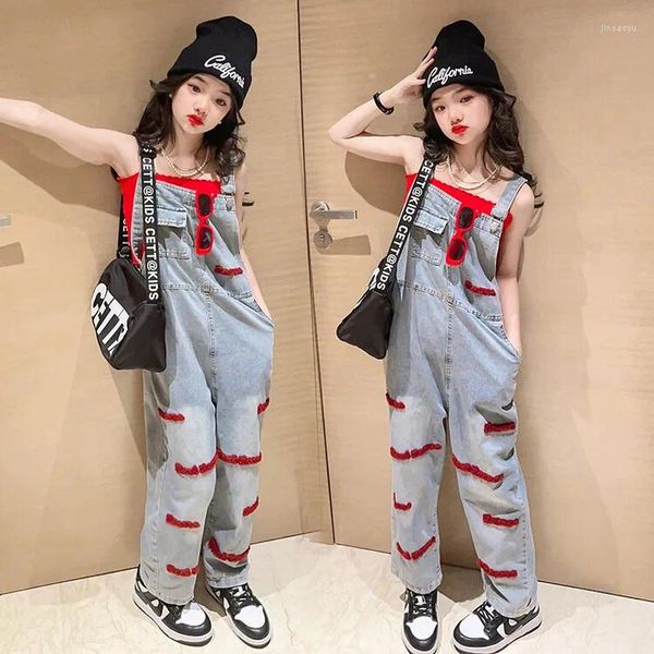 Hosen Mädchen Denim Strap Hosen Mesh Rot Sommer 2023 Kinder Overalls Modische Jeans Nur Overall Hose