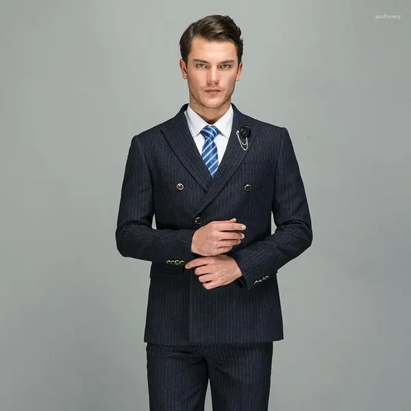 Ternos masculinos de lã de luxo preto cinza duplo breasted listrado fino ajuste casamento blazer calças europa senhores traje high-end