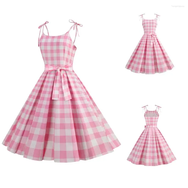Vestidos casuais rosa xadrez impressão retro vintage verão mulheres 2023 robe sexy espaguete cinta doce senhoras festa vestido de baile y2k vestidos