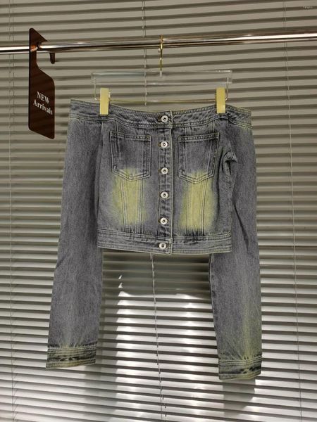 Giacche da donna Moda di alta qualità 2023 Autunno / inverno Cappotto di jeans con spalle scoperte Manica lunga Slim Fit Camicia in edizione corta Top femminile