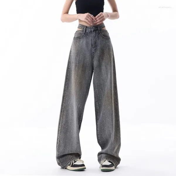 Kadınlar WCFCX Stüdyo Moda Kadın Geniş Bacak Denim Pantolonlar Vintage Kaliteli Düz Pantolon Günlük Yüksek Bel
