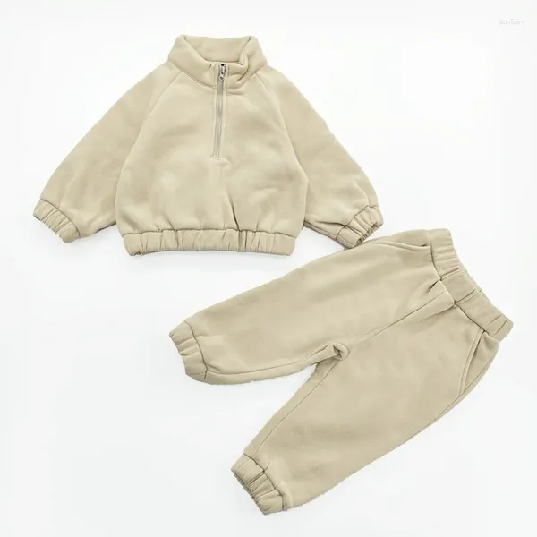 Conjuntos de roupas bebê meninas meninos roupas inverno quente pulôver meio zíper gola moletom com calças algemadas 2pcs crianças velo