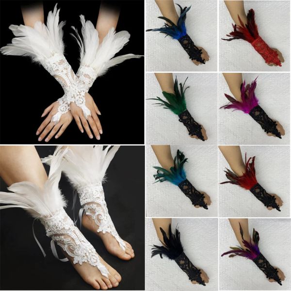 Сетчатые перчатки для женщин на Хэллоуин, косплей Y2k, манжеты с перьями, варежки без пальцев, кружевные черные длинные аксессуары для танцев с перьями