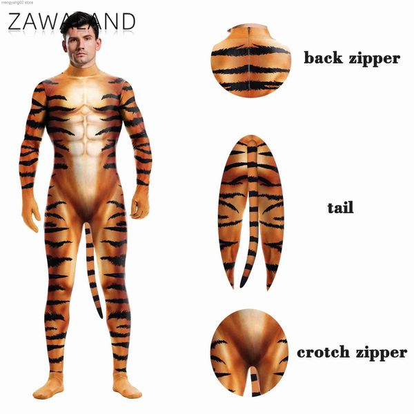 Тематический костюм Zawaland Creative Party Playsuit Косплей Come Tiger 3D Печатный полный чехол для взрослых с хвостом Необычный комбинезон из спандекса T231013