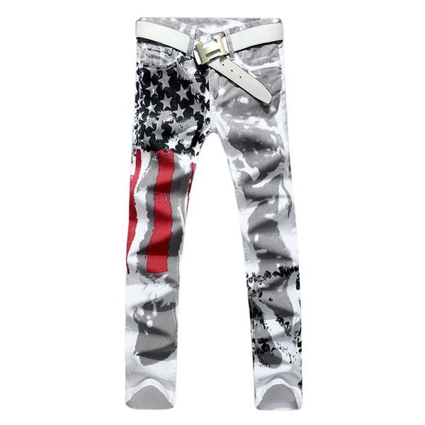 Jeans masculinos estiramento mens bandeira americana impressão corte homens casuais magro fittness calças denim hip hop calças296o