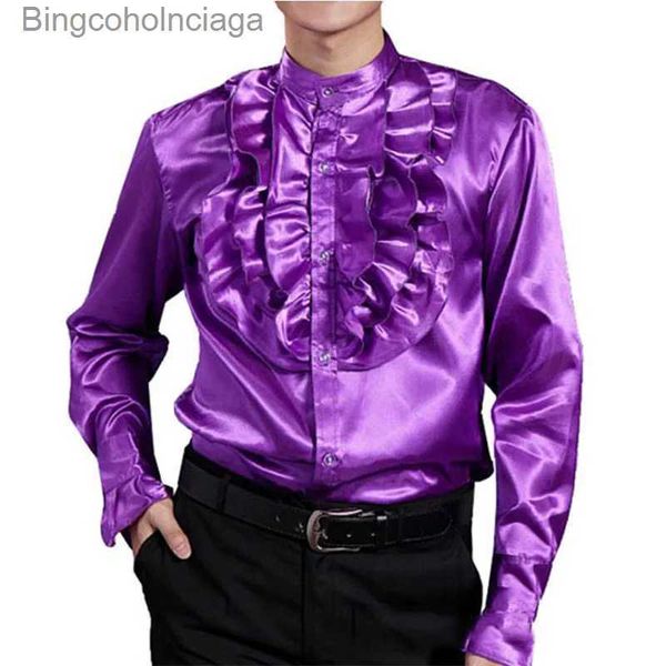 Tema Costume da uomo viola stile retrò increspato camicia di raso vampiro rinascimentale Steampunk gotico medievale camicia festa di Halloween Cosplay ComeL231013