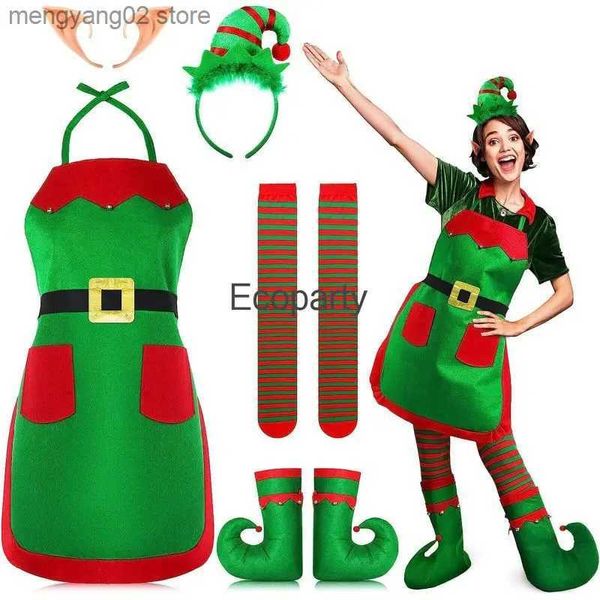 Tema traje feminino natal vem natal elf cosplay avental chapéu de papai noel listrado meia-calça sapatos capa terno presentes de festa de natal para mulheres t231013