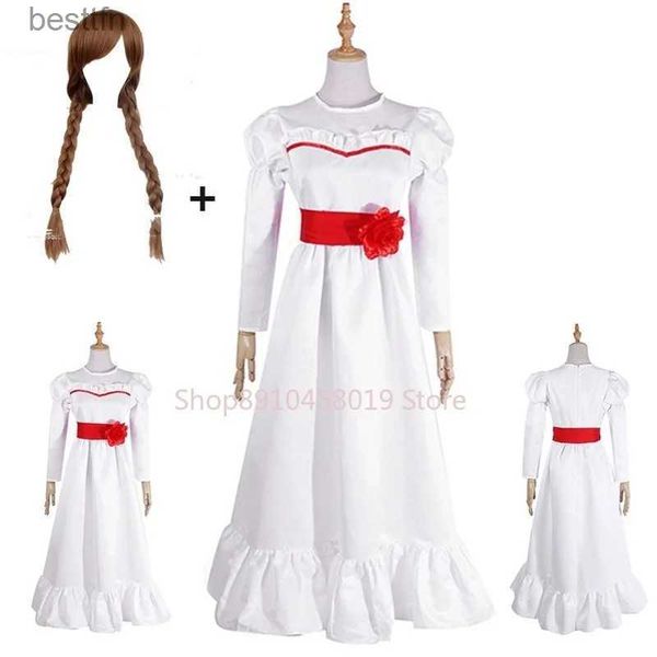 Tema Traje Anime Conjing Boneca Annabelle Vestidos Cosplay Vem Boneca Fantasma Vestido Branco Saia Mulheres Meninas Crianças Peruca Presentes de Festa de NatalL231013