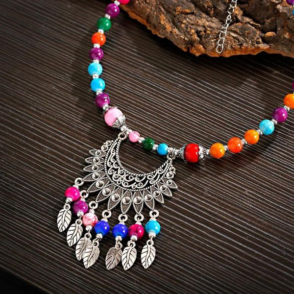 Ожерелья с подвесками в этническом стиле в стиле бохо, натуральный камень, ожерелье с кисточками и листьями, ювелирные изделия, женские цыганские разноцветные бусины, длинная цепочка, винтажное тибетское ожерелье