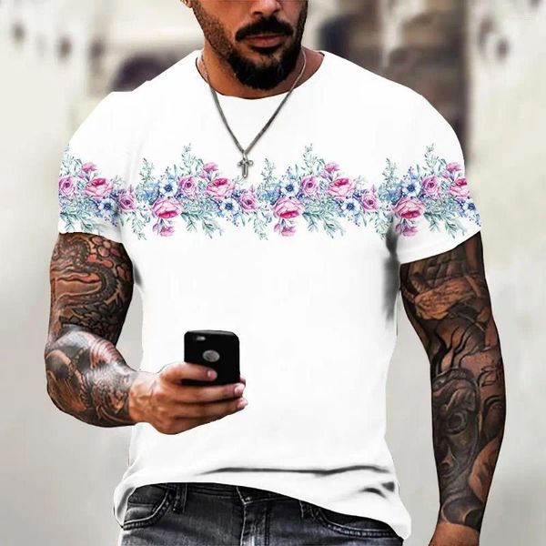 Camisas masculinas 2023 verão 3d flor impressão t-shirt casual solto em torno do pescoço manga curta rua top roupas